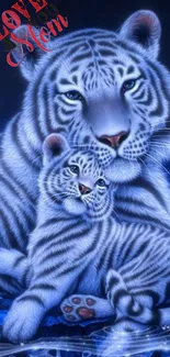 White tigers on a blue background with elegant lettering.