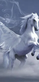 Majestic white unicorn soaring through a dreamy blue sky.