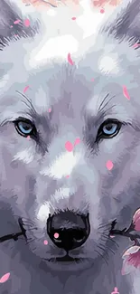 Majestic white wolf with cherry blossoms and blue eyes.