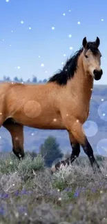 Majestic horse trotting in a serene landscape.