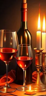 Wine glasses and candles on a table creating a warm ambiance.