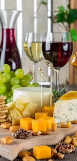 Beautiful wine and cheese board with honey and grapes.