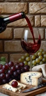Wine pouring into glass with cheese and grapes