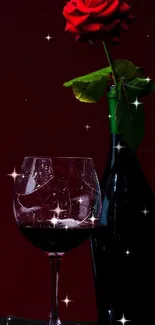 Dark red wallpaper with wine bottle and rose