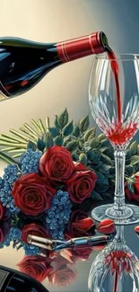 Artistic wallpaper of wine and roses with elegant reflections.