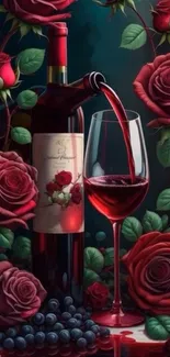A bottle of wine with red roses and a glass.