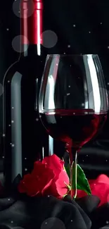 Elegant wine bottle and glass with red roses on a dark backdrop, ideal for mobile wallpaper.