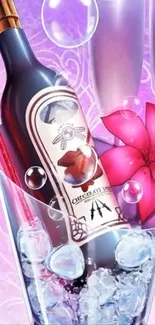 Wine bottle in glass with floral and bubble accents on pink background.