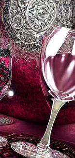 Elegant wallpaper featuring artistic wine glasses in rich burgundy hues.