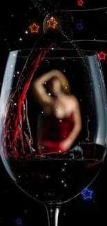 Red wine pouring elegantly into a glass with a blurred figure in the background.