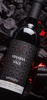 Elegant wine bottle on dark textured background with red glow accents.