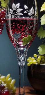 Elegant glass of wine with grape decor and botanical accents.