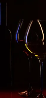 Elegant wine glasses in dark lighting for a sophisticated phone wallpaper.