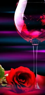 Elegant wallpaper with wine glass and red rose, perfect for mobile phone background.