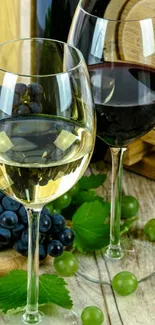 Two wine glasses with grapes and wooden background.