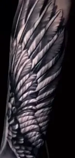 Intricate wing tattoo on dark background.