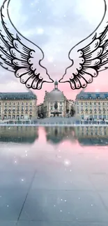 Elegant winged design over beautiful architecture and water reflection.