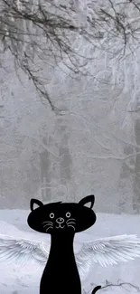 Winged black cat in snowy forest background.