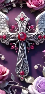 Elegant winged cross with roses and silver details on a purple background.