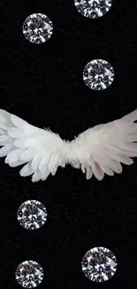 Mobile wallpaper with white wings and gems on a black background.