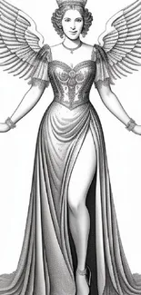 Black and white illustration of a winged lady with elegant gown and crown.