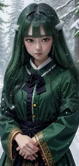 Anime character in green dress amidst snowy forest setting.