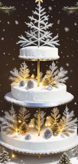 Three-tiered winter cake with festive lights and snow-covered branches.