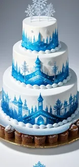 Beautiful winter-themed cake with blue snowy designs.