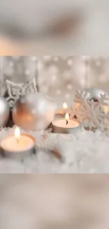 Elegant winter setting with candles, silver decorations, and snowflakes.