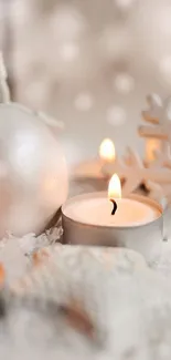 Elegant winter wallpaper with silver ornaments and candles on snow.