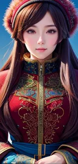 Fantasy character in red winter attire.