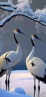 Two cranes elegantly standing in a snowy winter landscape under frosted branches.