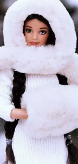 Doll with white fur outfit in winter theme.