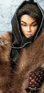 Elegant doll in fur coat against snowy backdrop.