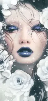 Elegant snow queen surrounded by flowers and snowflakes.