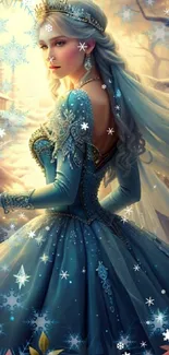 Elegant woman in teal gown amidst a snowy fantasy landscape.