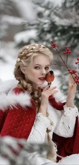 Woman in red cloak amidst snow and berries.