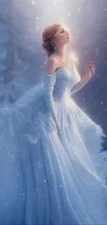 Elegant woman in blue gown amidst snowy forest under soft light.