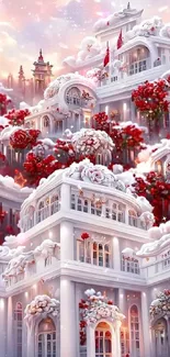 Elegant snowy architecture with red roses.