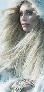 Elegant woman in fur coat with winter backdrop.