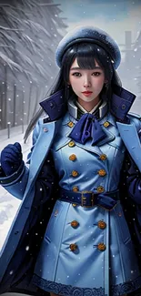 Stylish woman in blue coat on snowy street.