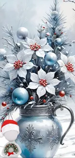 Winter-themed floral vase with holiday decorations in blue and white.