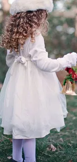 Child holding a bell in a winter outdoor scene.