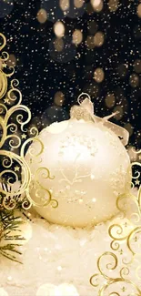 Snowy night with golden bauble and pine cones wallpaper.