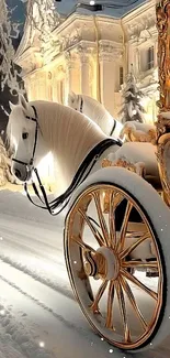 Elegantly decorated horse-drawn carriage in a snowy winter setting.