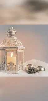 Elegant winter wallpaper with a vintage lantern in the snow.