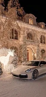 Luxury car parked in front of a beautifully lit winter mansion at night.