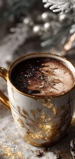 Golden mug with winter theme on festive background.