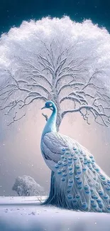 Elegant peacock in snowy winter landscape wallpaper.