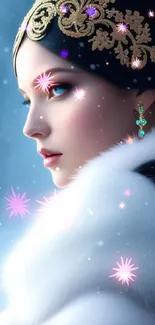 Elegant winter princess illustration with a snowy background.